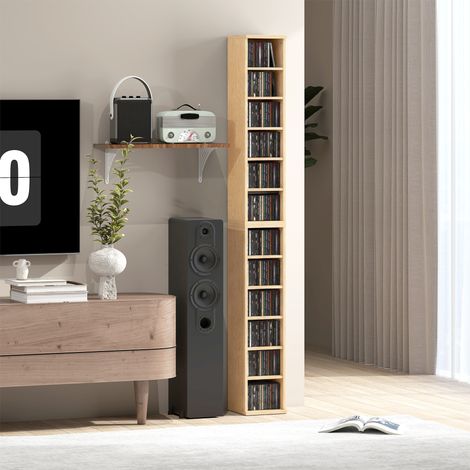Étagère colonne en 2 parties, meuble de rangement pour CD/DVD, 12 compartiments, 21 x 22,5 x 88,5 cm, capacité de 204 CD, bois naturel