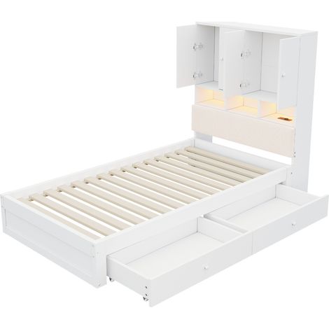 Cama de madera multifuncional 90 x 200 cm blanca con cabecero acolchado, LED y enchufe (1/5)