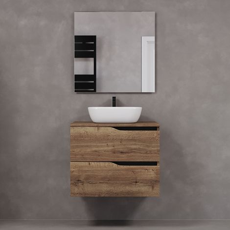 Meuble de salle de bain 60cm avec plateau et vasque à poser zeus - 2 tiroirs - tabaco (chêne foncé) - LUNA (1/5)