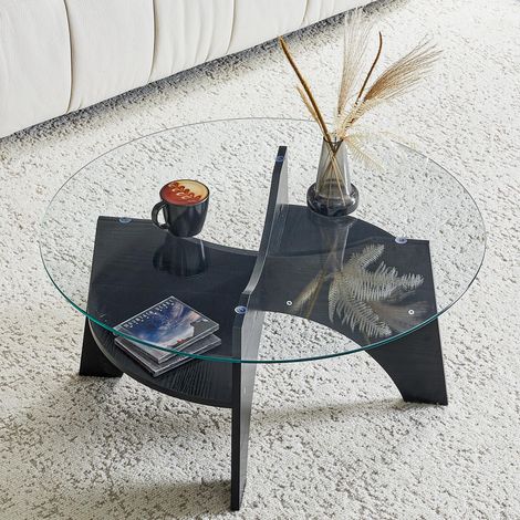 Table d'appoint ronde moderne en verre de sécurité - Ø 80 cm, design multifonctionnel. Piètement en forme d'éventail. Pieds en MDF aspect bois noir. Idéale pour salle à manger, salon, bureau, etc.