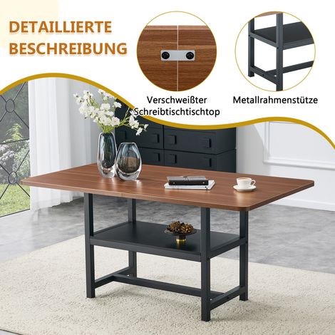 Table rectangulaire style industriel en noyer, 160x90x76 cm, pour 4 à 6 personnes, avec étagère de rangement multifonctionnelle et pieds en métal noir. Idéale pour salon, cuisine et salle à manger. (1/5)