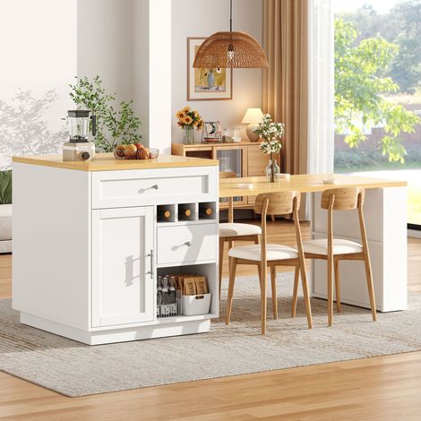 Îlot de cuisine extensible 121–195 x 70 x 93,5 cm avec table à manger coulissante, tiroirs, rangements et porte-bouteilles, blanc et effet bois (1/5)