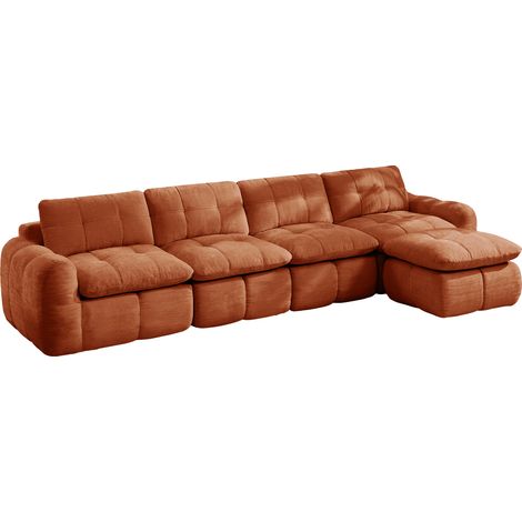 Modulares Sofa 4-Sitzer, Breite Tiefe Sitzfläche, Gestepptes Design, Chenille, Orange (1/5)