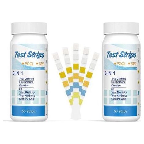 6 en 1 Bandelettes Piscine Brome Spa, Languettes Ph Piscine Bandes Test Qualité d'eau sur Chlore Brome Alcalinité Acide Cyanurique Dureté du Liquide Testeur Générale (100pcs) (1/5)