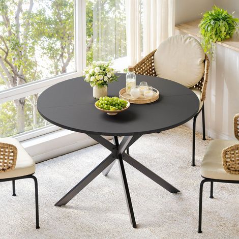 Table à manger ronde 120 cm, pieds en X acier stable, 4-6, cuisine salon bureau balcon, table moderne polyvalente noir mat (1/5)