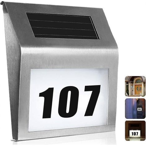 Numéro de porte solaire lumineux, plaque numéro de porte en acier inoxydable, fixation murale LED pour maison, cour extérieure, etc.