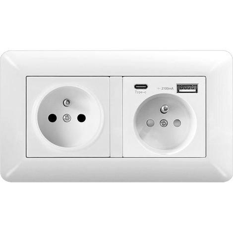 Plaque Prise Type 146 USB-A + USB-C Intégré Blanc Verre 16A 220V Rénovation Moderne