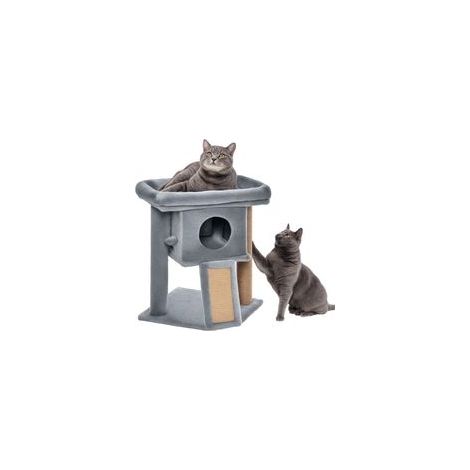 Katzenbaum, 57 cm hoch, mit Kratzstamm aus Jute, Versteck, Plattform und Spielball, aus hellgrauem Plüschstoff