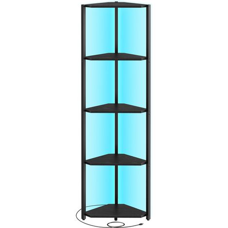 Vasagle – Bibliothèque d'angle 5 niveaux – Éclairage LED réglable – Cadre acier noir boisé – Dimensions 24,8 x 48 x 146,6 cm – Pour salon, chambre, bureau (1/5)