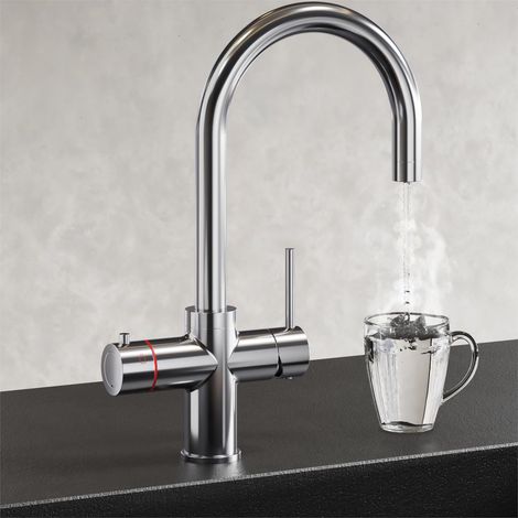 Chrome 4 in 1 Instant Boiling Hot Water Twin Lever Kitchen Tap Curved Swan Spout