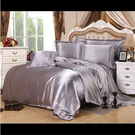 Parure de drap en Soie Satinée - Parure de lit 4 Pcs avec 2 Taies d'oreiller, 1 Drap, 1 Housse de Couette -Gris argent - 220x240cm (1/4)
