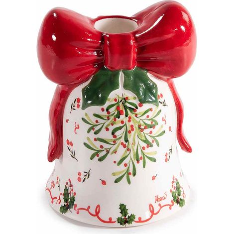 Portacandela di Natale in ceramica a forma di campana con decori rilievo, set da 4 pezzi, Ø 8 cm x 10,5 H