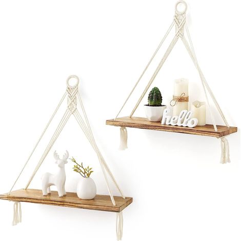 Lot de 2 étagère suspendue, corde coton blanc, base bois naturel, design bohème, pour salon chambre salle de bain (1/5)