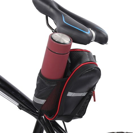 Sacoche de selle de vélo grande capacité avec double porte-bidon, sacoche arrière de tige de selle, noir et rouge. (1/5)