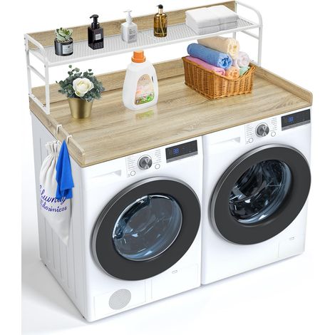 VEVOR Comptoir pour lave-linge et seche-linge, 137x70 cm, etagere a 2 niveaux, surface de comptoir en bois avec coussinets antiderapants, pour organisation et rangement de la buanderie, couleur chene