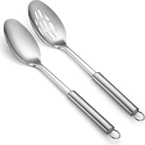 Küchenlöffel-Set aus massivem Edelstahl mit Schlitzen, Küchenutensilien-Set, zum Mischen, Servieren und Pürieren, große Löffel, Geschenkidee für Zuhause und Restaurant (1/5)