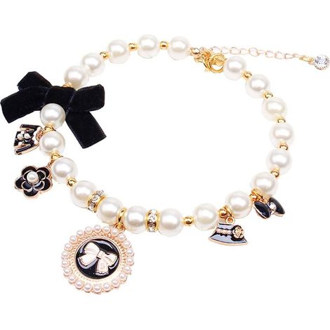 Collier de perles pour chien, 1 collier de perles réglable avec joli pendentif et nœud pour chien, chat, chiot, chaton, taille M (1/5)