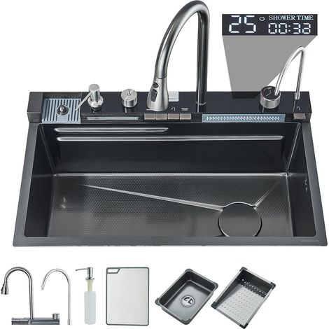 Suguword – Évier de cuisine 1 bac – Robinet numérique intelligent avec sortie télescopique – Lave-tasse pressurisé – Accessoires inclus