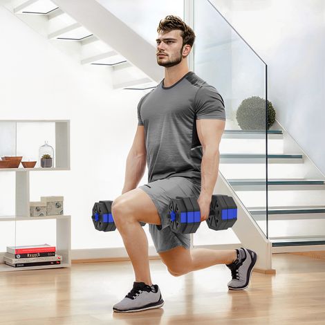 Juego de mancuernas para entrenamiento con pesas 6 en 1: pesa rusa ajustable de 30 kg, barra para flexiones, color azul.