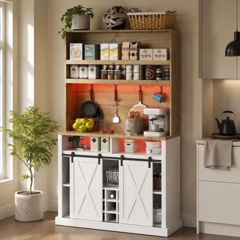 Mueble alto de cocina 191 cm en MDF natural y blanco con LED, enchufe, USB y botellero (1/5)