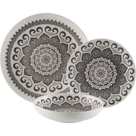 VERSA vajilla porcelana 18 piezas huhana , Vajilla Huhana de 18 piezas, un servicio de mesa elegante y funcional que combina diseño étnico en blanco y negro con la practicidad nece
