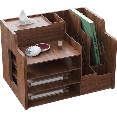 1 Organiseur de bureau, panneau MDF, tiroir coulissant, compartiments multiples, rangement documents A4, pour maison, bureau, école (1/5)
