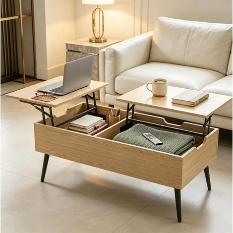Table basse relevable 100x50x43,6 cm noir et effet bois, rangement caché, métal MEUBLIV (1/5)