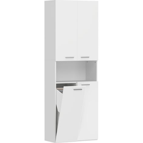 Mobile da Bagno 60x30x174 cm a 2 Ante con Cesto Portabiancheria a Ribalta e Ripiano Aperto in Legno Bianco (1/5)