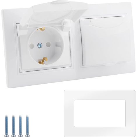 Prise Etanche 2 voies 16A 250V Double Prise avec Rabat Blanc Murale étanche Intérieure et Extérieure Prise de Contact de Terre avec Couvercle à Charnière Pour Salle de Cuisine Garage (1/5)