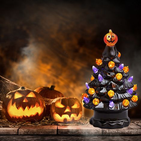 Sapin d'Halloween lumineux en céramique, décoration de table avec citrouille lumineuse pour fête d'automne (1/4)