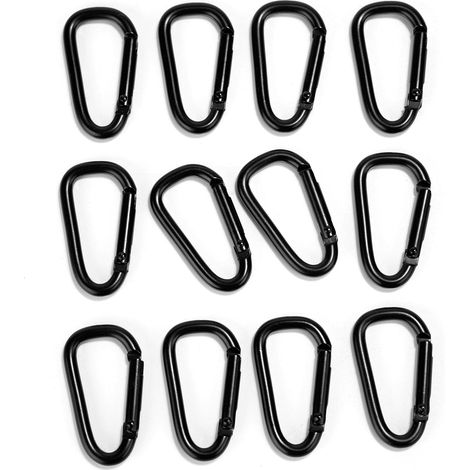 Set mit 12 kleinen Karabinerhaken – Aluminiumlegierung – für Rucksäcke, Gürtel, zum Aufhängen von Gegenständen – Schwarz (1/5)