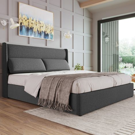 Lit double 160x200 cm gris en lin avec tête de lit réglable et coffre relevable (1/5)
