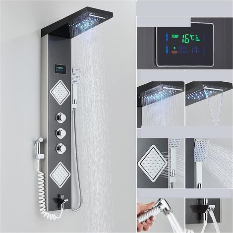Ensemble de douche mitigeur thermostatique intelligent Noir lumière LED robinet de douche salle de bain SPA Massage Jet colonne de douche système cascade pluie panneau de douche Bidet pulvérisateur ro (1/5)
