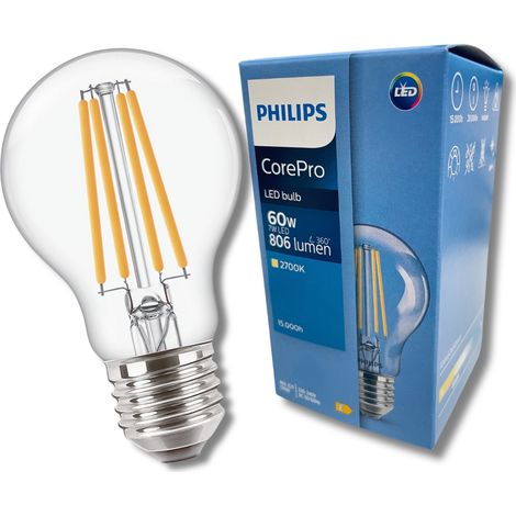 Bombilla LED E27 A60 7W = 60W 806lm 2700K filamento cálido Philips