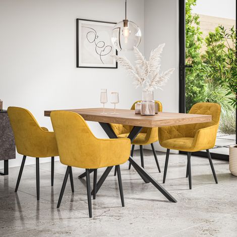 Donni Dining Table And Chairs - Oak Effect Table Top w Black Legs + Anika Velvet Dining Chair Set Of 4 (Mustard) (1/5)