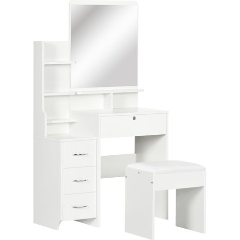 Ensemble coiffeuse tabouret design 4 tiroirs 4 étagères et miroir (1/5)