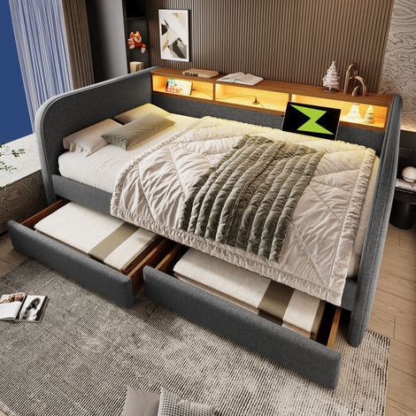 Divano letto per adulti 140x190 cm con LED, USB-C, 2 cassetti, testiera con contenitore, rete a doghe, lino grigio