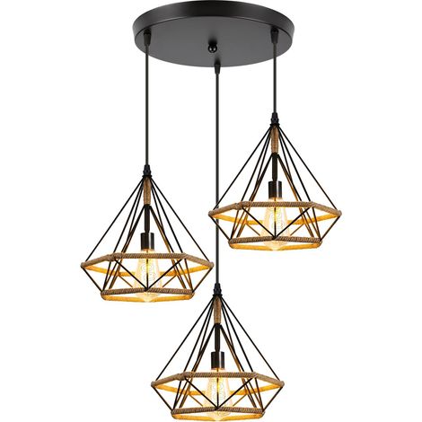 Luminaire Suspension Design Industriel 3 Lumières Diamant Chanvre Corde Vintage Lustre Abat-Jour Cage en Métal Rétro Plafonnier pour cuisine salon (1/5)