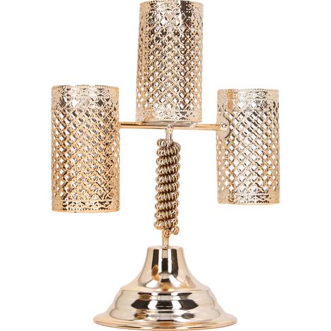 Bougeoir doré 3 branches, électroplqué or, métal ajouré, luxueux, chandelier décoratif pour maison, cadeau artisanal, style moderne. (1/5)