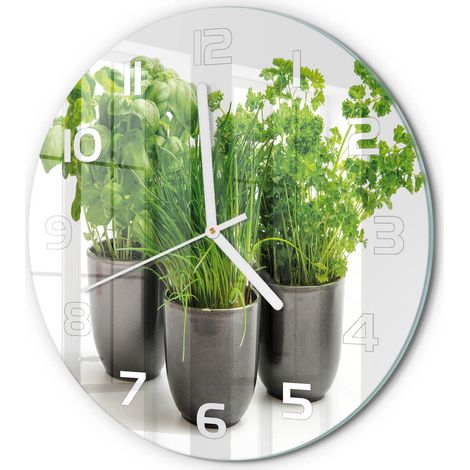 Horloge Murale Ronde à Quartz en Verre Trempé Silencieuse Sans Tic-Tac Herbes en pots fi 30 cm (1/5)