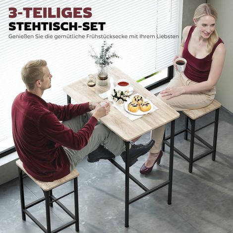 Ensemble table bar et tabourets, table repas avec 2 tabourets antidérapants, bois massif naturel (1/4)