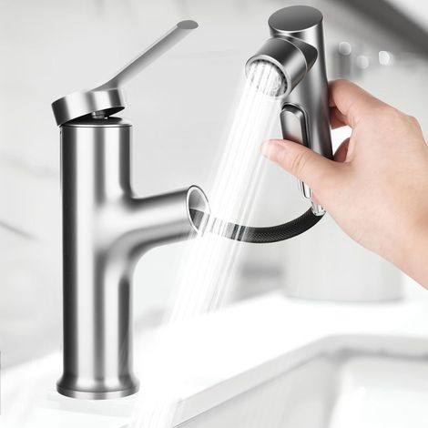 Bathroom Faucet with Extendable Spray,High Pressure Single Lever Mixer Tap with 3 Jet Types,Hot and Cold Mixer,Basin Faucet for Bathroom,Bronze Gray (1/5)