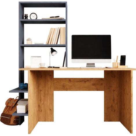 Gradara Schreibtisch, 5 Regale, 5 Fächer, mit Bücherregal, 120x55x150h cm, Eiche Braun mit Knötchen