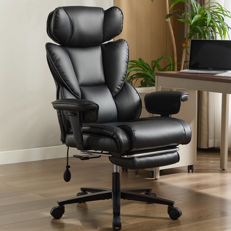 Silla de oficina de piel sintética con respaldo alto, soporte lumbar ajustable y función reclinable, negro (1/5)