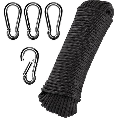 20m Flagpole Rope, Nylon Rope for Home and Outdoor Use, Weatherproof with 4 Carabiners (Black) (1/5)