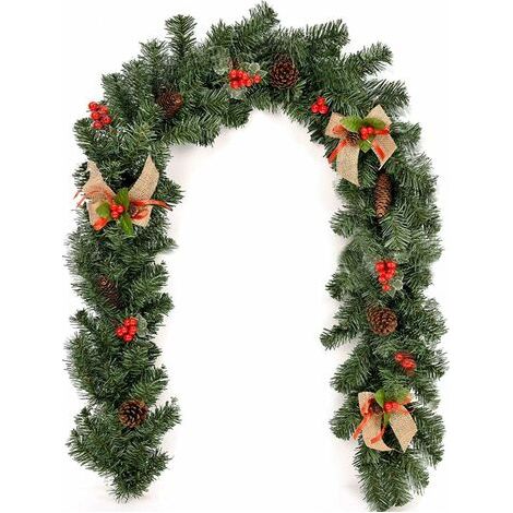 Pr Guirlande de Noël de 1,8 m avec pommes de pin, nœud papillon et baies rouges Guirlandes de Noël Guirlande de verdure Décorations en rotin pour la maison, les vacances, les fêtes de mariage, les esc (1/5)