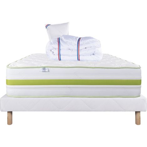 Ensemble Matelas Rêverie, 30 cm, mousses haute densité, ferme, face été/hiver + sommier blanc ep 13cm + oreiller + couette, 90x190cm (1/5)