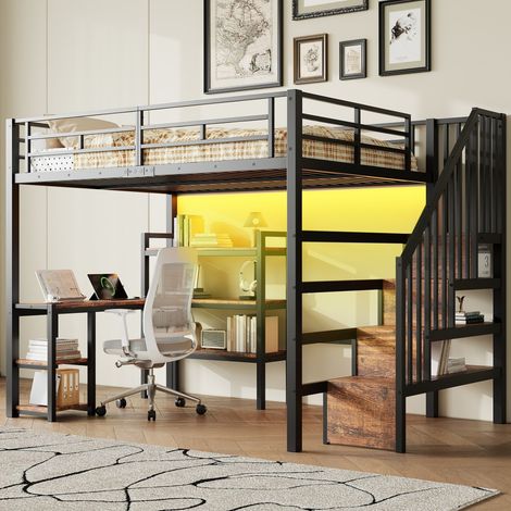 Lit mezzanine métal 140x200 noir escalier inclus, bureau intégré, rangements, prise USB et éclairage LED pratique (sans Matelas)