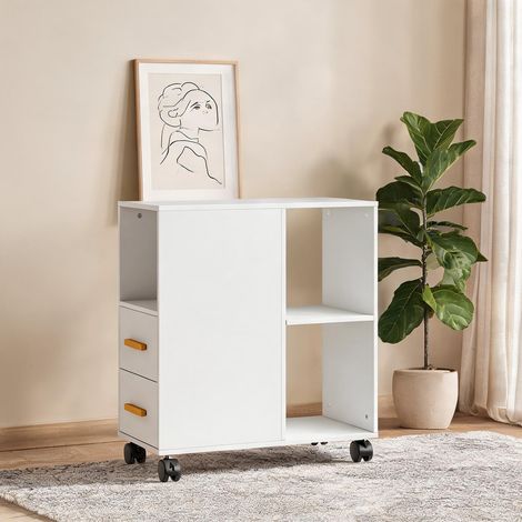 Support d'imprimante en bois blanc 60 x 30 x 65 cm avec 2 tiroirs (1/5)