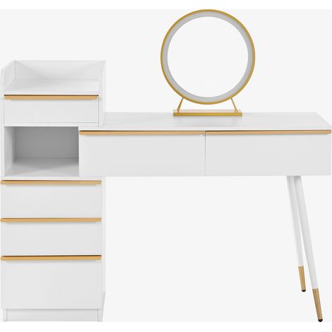 Coiffeuse blanche avec plateau coulissant, 6 tiroirs et miroir LED à intensité variable, 102 x 100 x 41,5 cm (1/5)